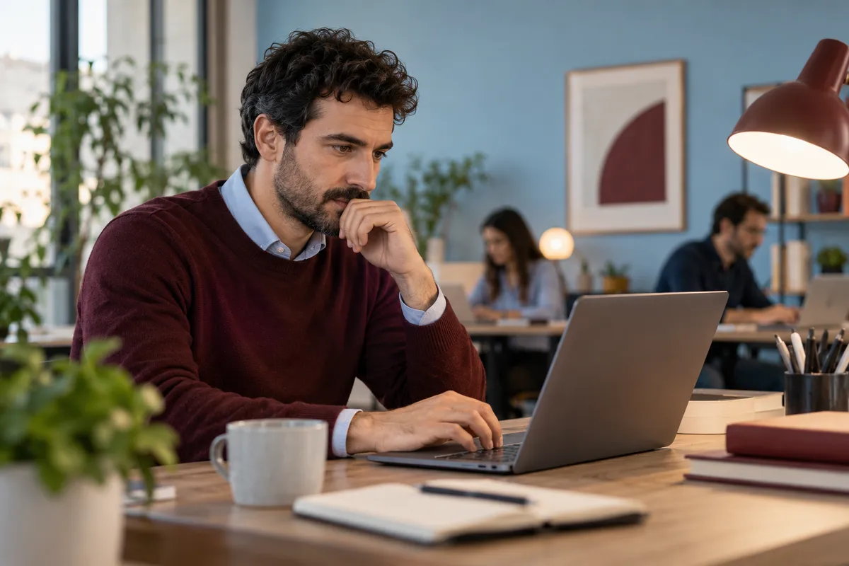 Un professionista lavora al computer in un ambiente tranquillo