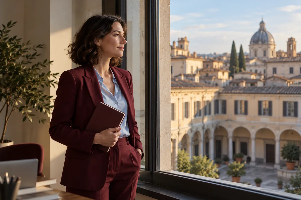 Una professionista riflette vicino a una finestra con un quaderno chiuso