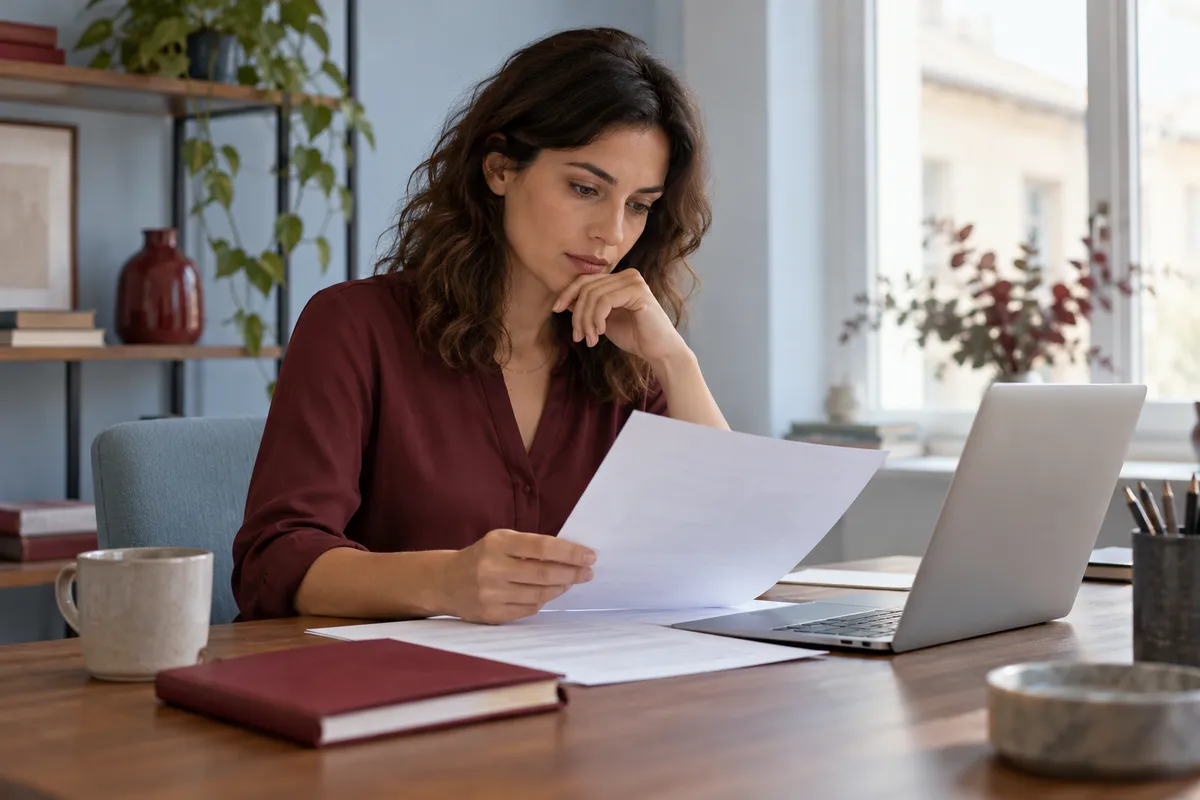 Una professionista legge fogli e appunti prima di definire un problema